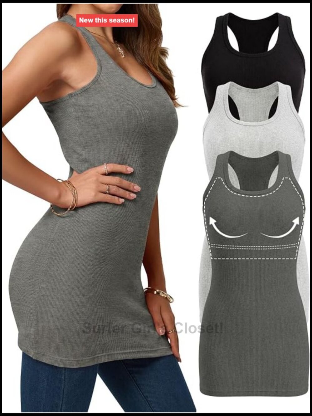 3 Pack Womens Extra Long Tank Tops with Shelf Bra Racerback Ribbed Cotton Blend